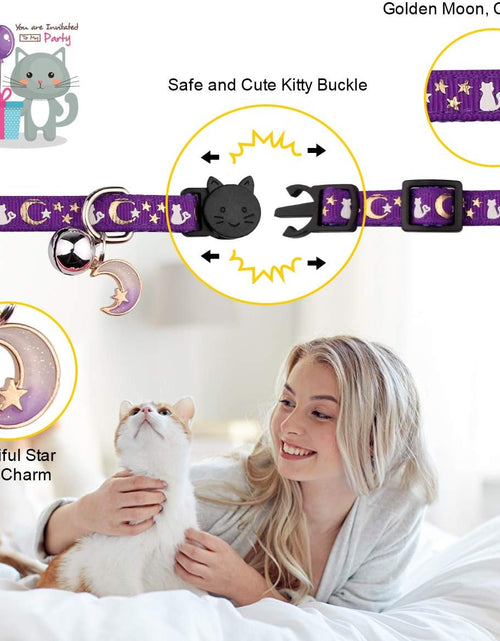 Load image into Gallery viewer, 2PCS Breakaway Cat Collars with Bell Moons Stars Cute Kitty Adjustable Safe Kitten Collars with Pendant Glow in the Dark(Purple&amp;Pink)

