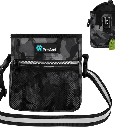 Dog Treat Pouch, Pet Treat Pouch for Training, Dog Walking Bag Holder for Kibbles, Pet Food Toy, Dog Trainer Essentials Supplies, Poop Bag Dispenser, 3 Ways to Wear (Camo Black)
