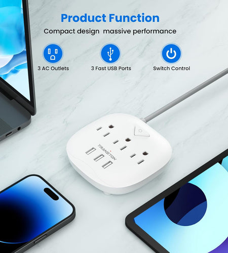 Power Strip 3 Outlets and 3 USB Ports with Switch Control, Desktop Charging Station with 5 Ft Extension Cord, Compact for Nightstand, Office and Travel - White
