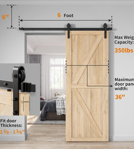 6Ft Heavy Duty Sturdy Sliding Barn Door Hardware Kit Single Door - Smoothly and Quietly - Simple and Easy to Install - Fit 1 3/8-1 3/4" Thickness Door Panel(Black)(J Shape Hangers)