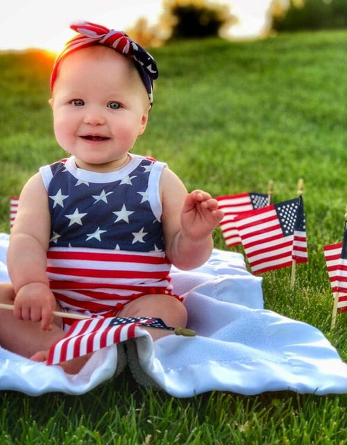 Load image into Gallery viewer, 4Th of July Toddler Baby Girl American Flag Tassel Romper with Headband
