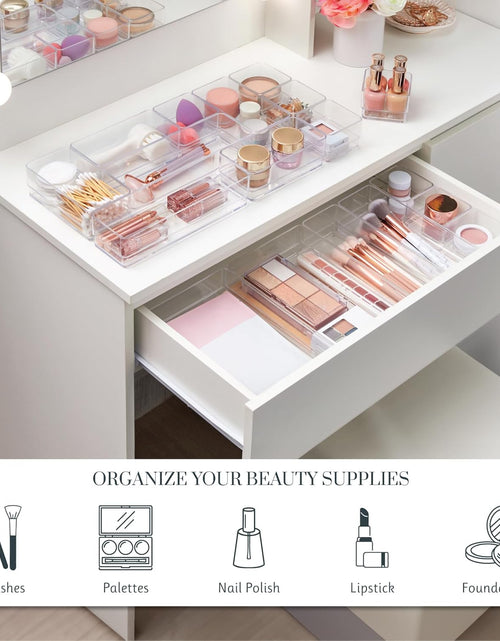 Load image into Gallery viewer, Simplesort 18-Piece Stackable Clear Drawer Organizer Set | Multi-Size Trays | Makeup Vanity Storage Bins and Office Desk Drawer Dividers | Made in USA
