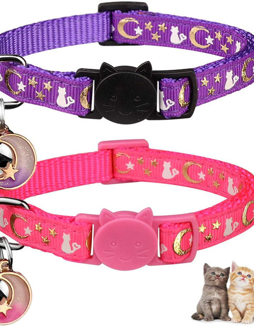 Load image into Gallery viewer, 2PCS Breakaway Cat Collars with Bell Moons Stars Cute Kitty Adjustable Safe Kitten Collars with Pendant Glow in the Dark(Purple&amp;Pink)
