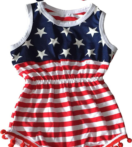 4Th of July Toddler Baby Girl American Flag Tassel Romper with Headband