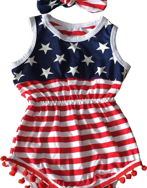 Load image into Gallery viewer, 4Th of July Toddler Baby Girl American Flag Tassel Romper with Headband
