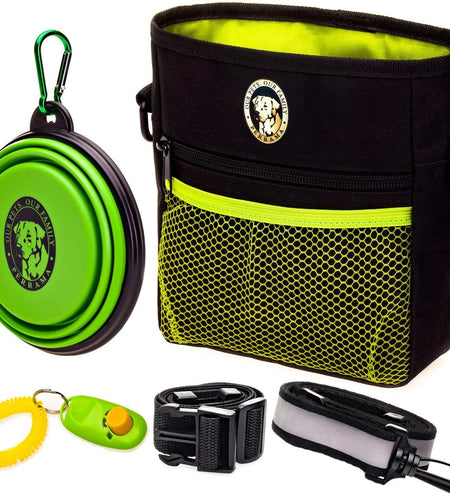 Dog Treat Bag, Training Pouch for Small and Large Dogs with Clicker and Collapsible Food Bowl BPA Free – Pet Treats Tote Bag with Waist and Shoulder Reflective Straps and Belt Clip