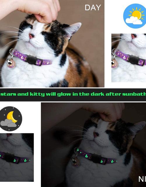 Load image into Gallery viewer, 2PCS Breakaway Cat Collars with Bell Moons Stars Cute Kitty Adjustable Safe Kitten Collars with Pendant Glow in the Dark(Purple&amp;Pink)
