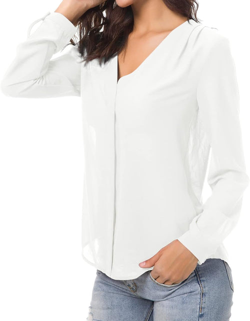 Load image into Gallery viewer, Womens V Neck Ruffled Shoulder Business Causal Chiffon Blouse Button down Shirts
