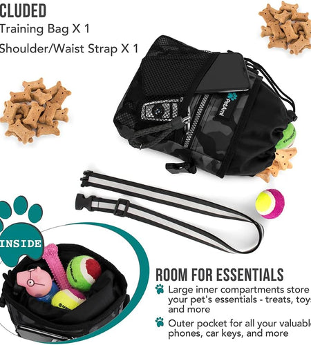 Dog Treat Pouch, Pet Treat Pouch for Training, Dog Walking Bag Holder for Kibbles, Pet Food Toy, Dog Trainer Essentials Supplies, Poop Bag Dispenser, 3 Ways to Wear (Camo Black)