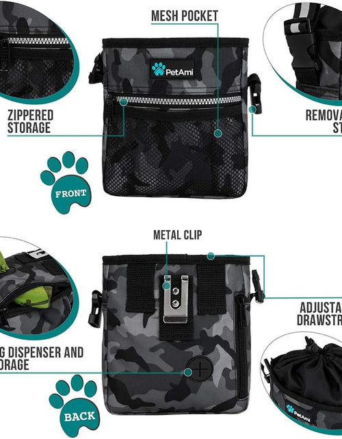 Load image into Gallery viewer, Dog Treat Pouch, Pet Treat Pouch for Training, Dog Walking Bag Holder for Kibbles, Pet Food Toy, Dog Trainer Essentials Supplies, Poop Bag Dispenser, 3 Ways to Wear (Camo Black)
