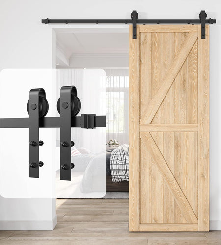 6Ft Heavy Duty Sturdy Sliding Barn Door Hardware Kit Single Door - Smoothly and Quietly - Simple and Easy to Install - Fit 1 3/8-1 3/4" Thickness Door Panel(Black)(J Shape Hangers)
