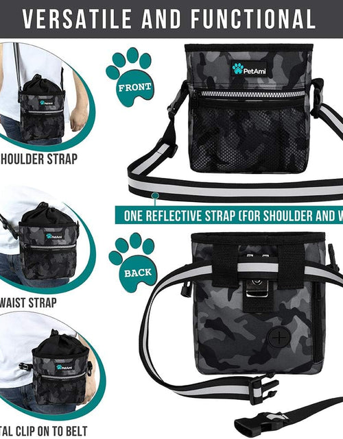 Load image into Gallery viewer, Dog Treat Pouch, Pet Treat Pouch for Training, Dog Walking Bag Holder for Kibbles, Pet Food Toy, Dog Trainer Essentials Supplies, Poop Bag Dispenser, 3 Ways to Wear (Camo Black)

