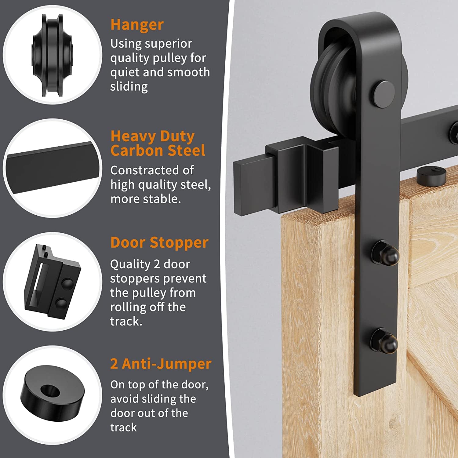 6Ft Heavy Duty Sturdy Sliding Barn Door Hardware Kit Single Door - Smoothly and Quietly - Simple and Easy to Install - Fit 1 3/8-1 3/4" Thickness Door Panel(Black)(J Shape Hangers)