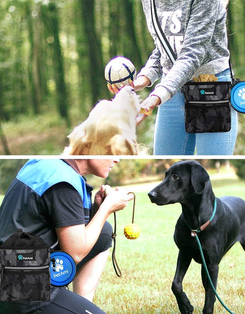 Load image into Gallery viewer, Dog Treat Pouch, Pet Treat Pouch for Training, Dog Walking Bag Holder for Kibbles, Pet Food Toy, Dog Trainer Essentials Supplies, Poop Bag Dispenser, 3 Ways to Wear (Camo Black)
