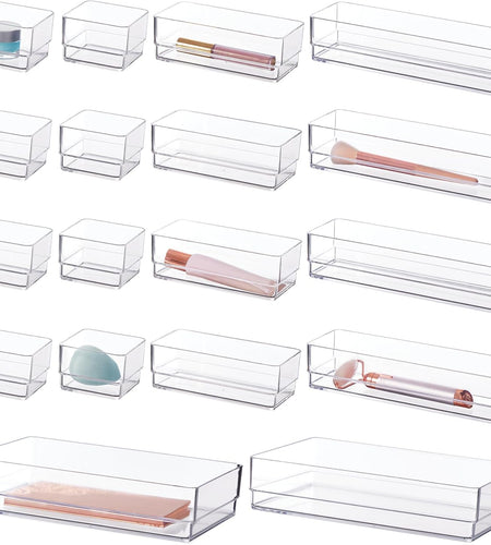 Simplesort 18-Piece Stackable Clear Drawer Organizer Set | Multi-Size Trays | Makeup Vanity Storage Bins and Office Desk Drawer Dividers | Made in USA