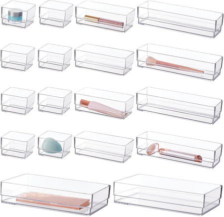 Simplesort 18-Piece Stackable Clear Drawer Organizer Set | Multi-Size Trays | Makeup Vanity Storage Bins and Office Desk Drawer Dividers | Made in USA