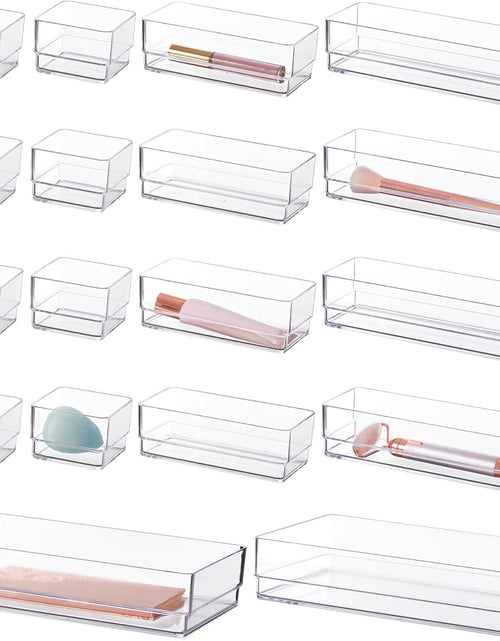 Load image into Gallery viewer, Simplesort 18-Piece Stackable Clear Drawer Organizer Set | Multi-Size Trays | Makeup Vanity Storage Bins and Office Desk Drawer Dividers | Made in USA
