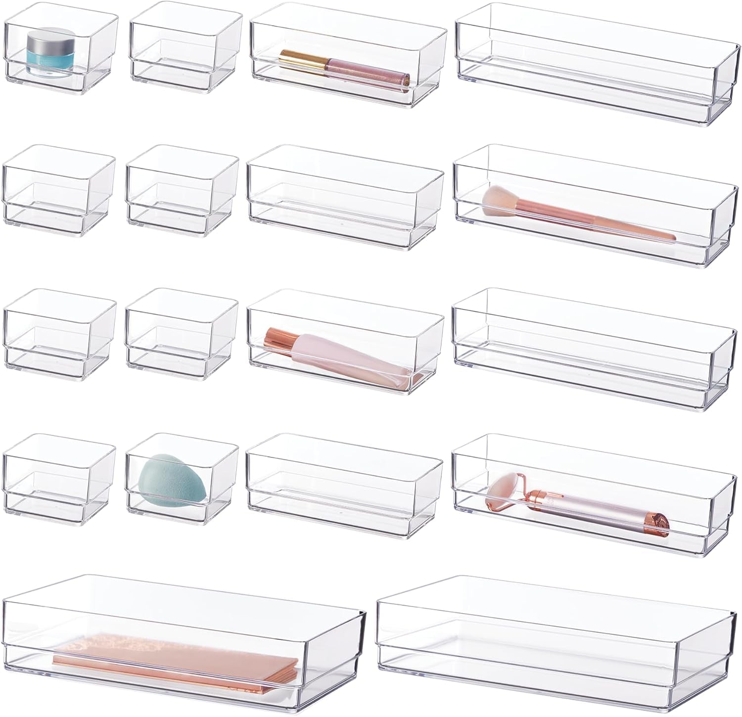 Simplesort 18-Piece Stackable Clear Drawer Organizer Set | Multi-Size Trays | Makeup Vanity Storage Bins and Office Desk Drawer Dividers | Made in USA
