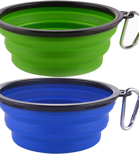 Large Collapsible Dog Bowls, 34Oz Travel Water Food Bowls Portable Foldable Collapse Dishes with Carabiner Clip, 2 Pack (Green+Blue)