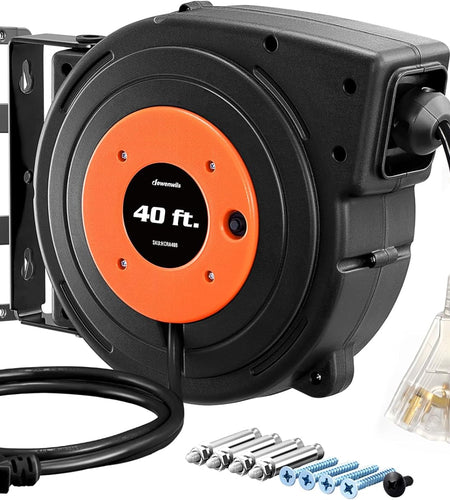 Retractable Extension Cord Reel, 40 FT Heavy Duty Power Cord, 12AWG/3C SJTOW, 3 Grounded Outlets Lighted Triple Tap, 15 Amp Circuit Breaker, UL Listed