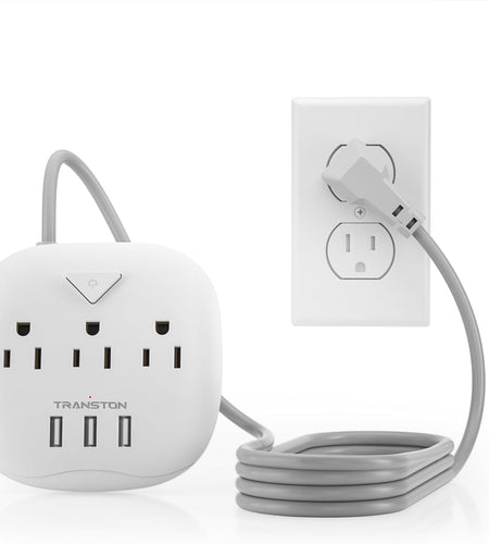 Power Strip 3 Outlets and 3 USB Ports with Switch Control, Desktop Charging Station with 5 Ft Extension Cord, Compact for Nightstand, Office and Travel - White