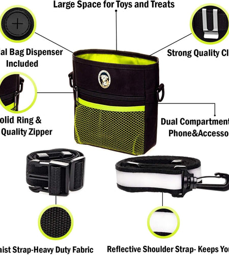 Dog Treat Bag, Training Pouch for Small and Large Dogs with Clicker and Collapsible Food Bowl BPA Free – Pet Treats Tote Bag with Waist and Shoulder Reflective Straps and Belt Clip