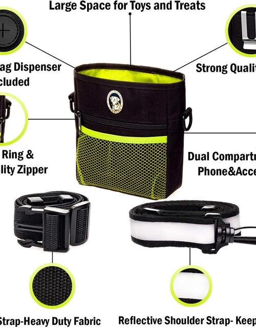 Load image into Gallery viewer, Dog Treat Bag, Training Pouch for Small and Large Dogs with Clicker and Collapsible Food Bowl BPA Free – Pet Treats Tote Bag with Waist and Shoulder Reflective Straps and Belt Clip

