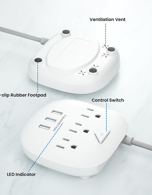 Load image into Gallery viewer, Power Strip 3 Outlets and 3 USB Ports with Switch Control, Desktop Charging Station with 5 Ft Extension Cord, Compact for Nightstand, Office and Travel - White
