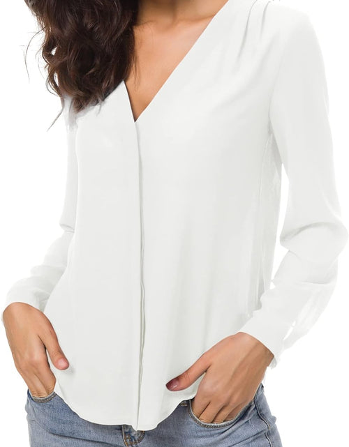 Load image into Gallery viewer, Womens V Neck Ruffled Shoulder Business Causal Chiffon Blouse Button down Shirts
