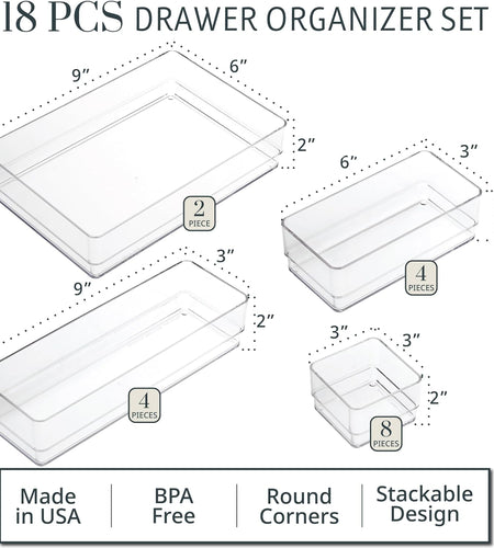 Simplesort 18-Piece Stackable Clear Drawer Organizer Set | Multi-Size Trays | Makeup Vanity Storage Bins and Office Desk Drawer Dividers | Made in USA