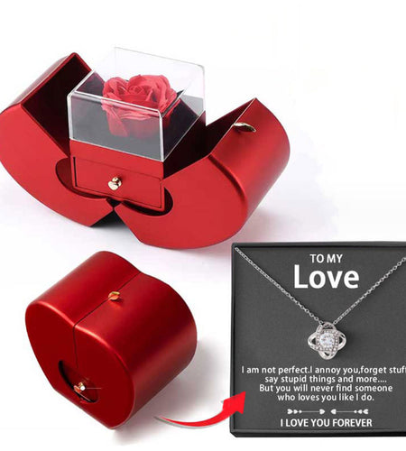 Fashion Jewelry Box Red Apple Christmas Gift Necklace Eternal Rose for Girl Mother'S Day Valentine'S Day Gifts with Artificial Flower Rose Flower Jewelry Box