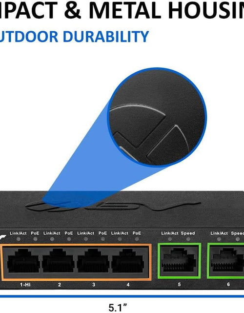 Load image into Gallery viewer, -Tech 6 Port Poe+ Switch (4 Poe+ Ports with 2 Ethernet Uplink and Extend Function) – 60W – 802.3At + 1 High Power Poe Port| Desktop Fanless Design | Sturdy Metal Housing
