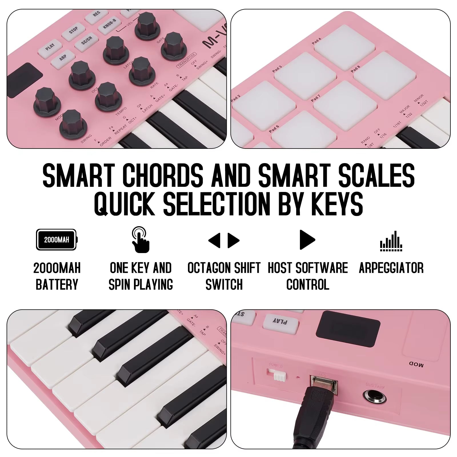 Smk-25Mini MIDI Keyboard Rechargeable 25-Key MIDI Control Keyboard Instrument Mini Portable USB Keyboard MIDI Controller