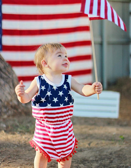 Load image into Gallery viewer, 4Th of July Toddler Baby Girl American Flag Tassel Romper with Headband
