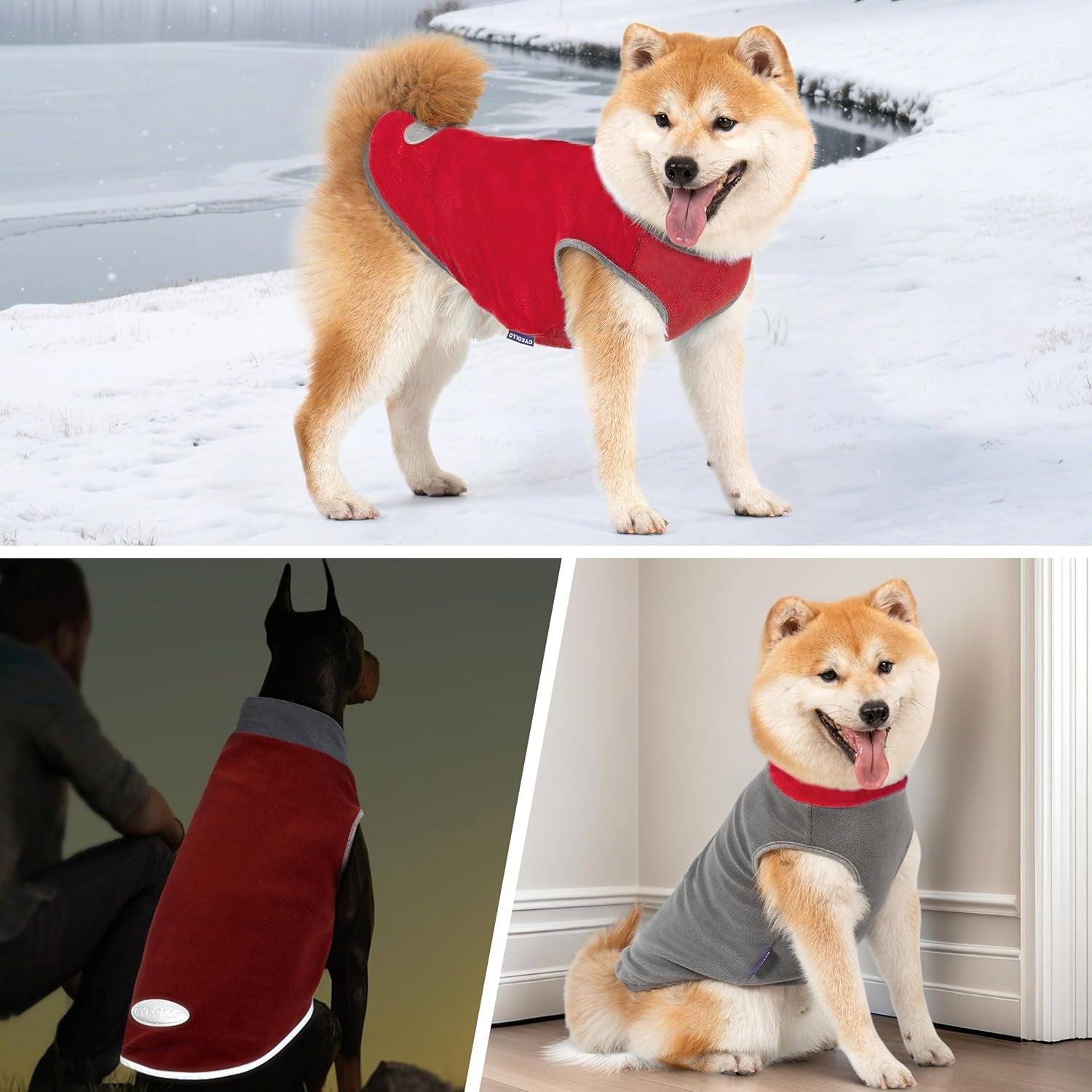 2 Pack Dog Sweater Sweatshirt Stretchy Fleece Vest Pullover Dog Jacket with Reflective Stripe Lightweight Pet Coats Dog Sweaters for Small Dogs Grey & Red